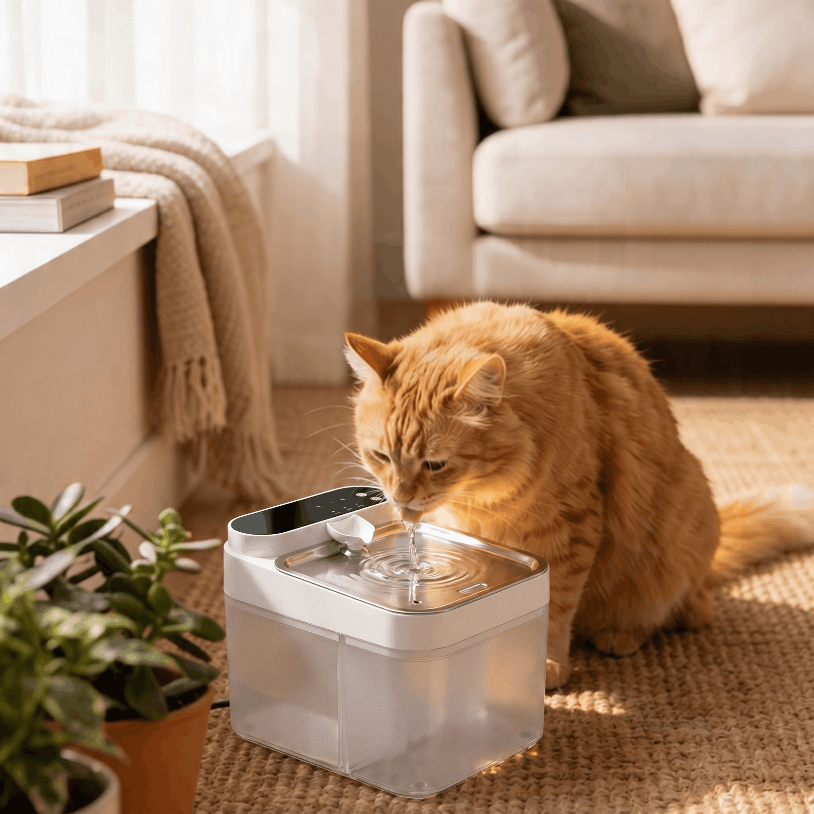 Cat drinking from a Feline Flow fountain